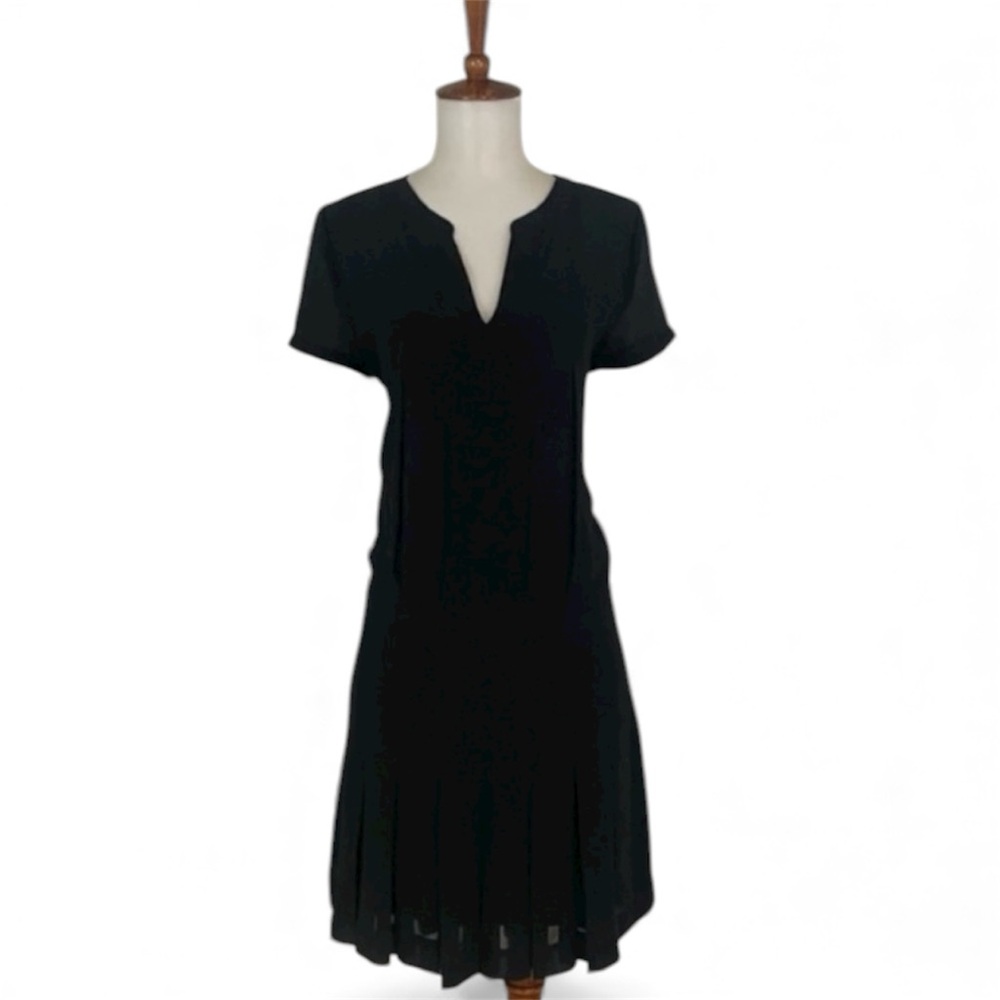 Comptoir Des Cotonniers Black Mini Dress L Pleated Short Sleeve Polished Chic